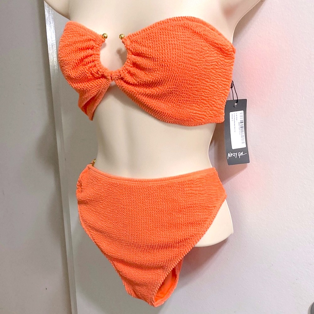 NASTY GAL Crinkle Cut Ring Bandeau Bikini Orange Size 14